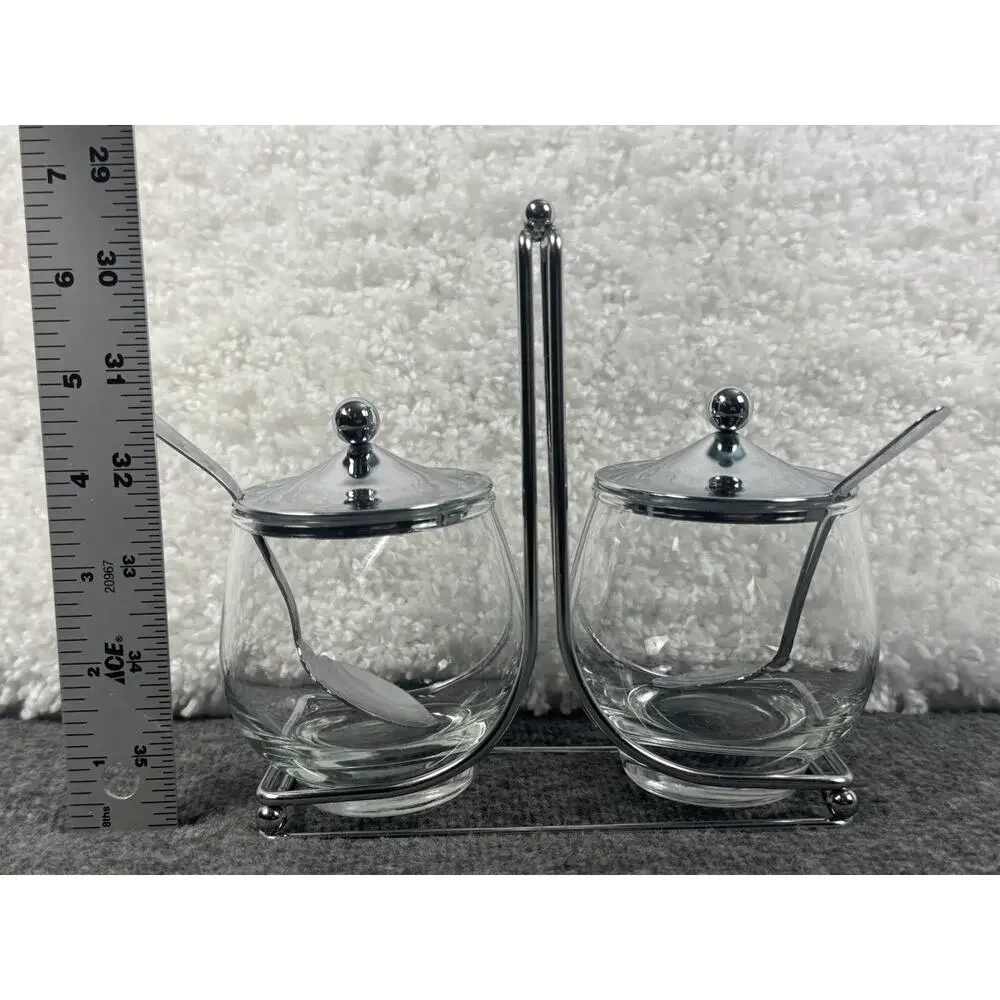Chrome & Glass Jam/Condiment Caddy Carrier Server Mid Century Serving Set - READ